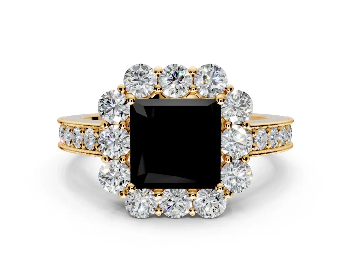 Halo Engagement Ring Setting for Fancy Black Princess Cut Center with Milgrain Channel Band and Prong Head in Yellow Gold