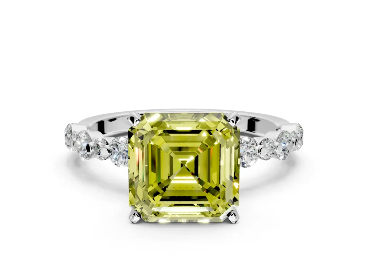 Solitaire Engagement Ring Setting for Fancy Yellow Asscher Cut Center with Alternating Size Accents and Prong Head in Platinum