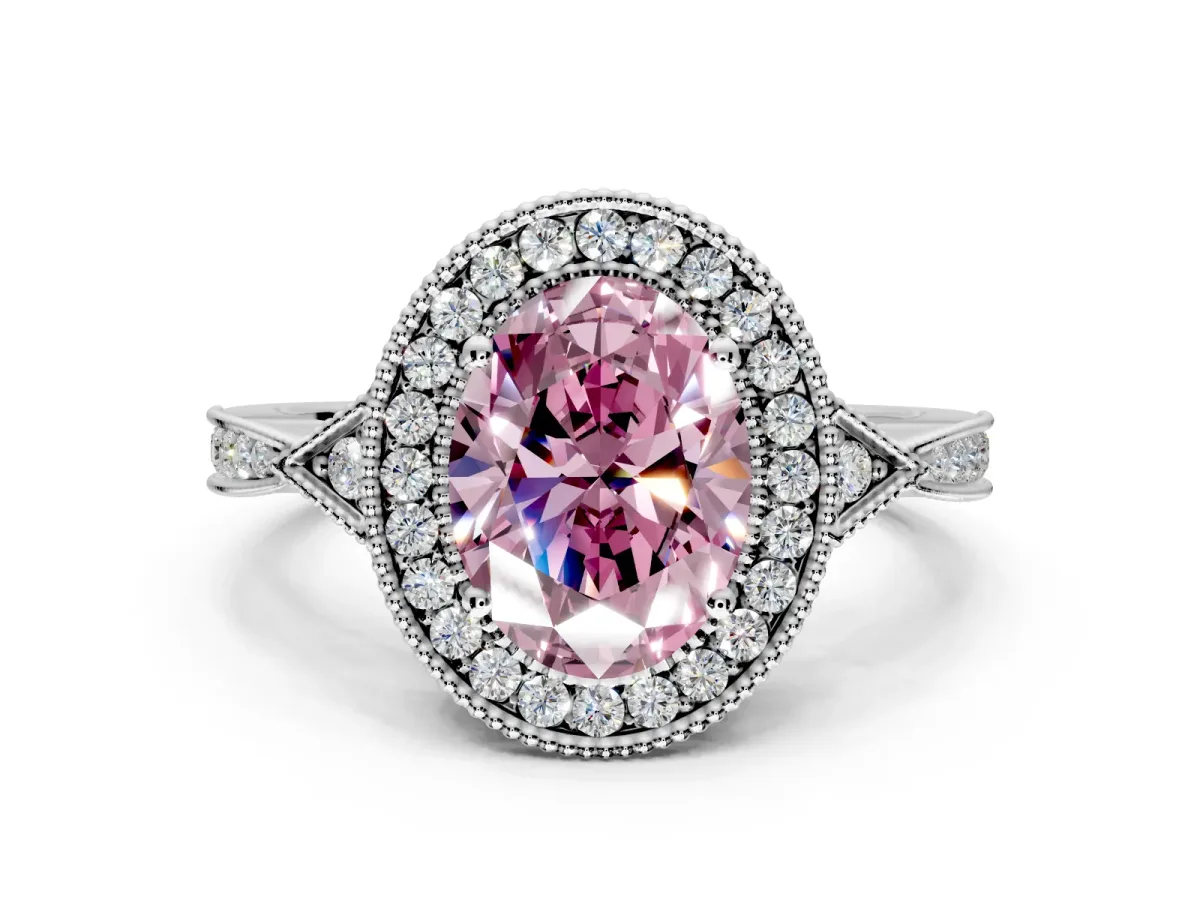 Halo Engagement Ring Setting for Fancy Pink Oval Center with Milgrain Rim, Pave Band and Prong Head in Platinum