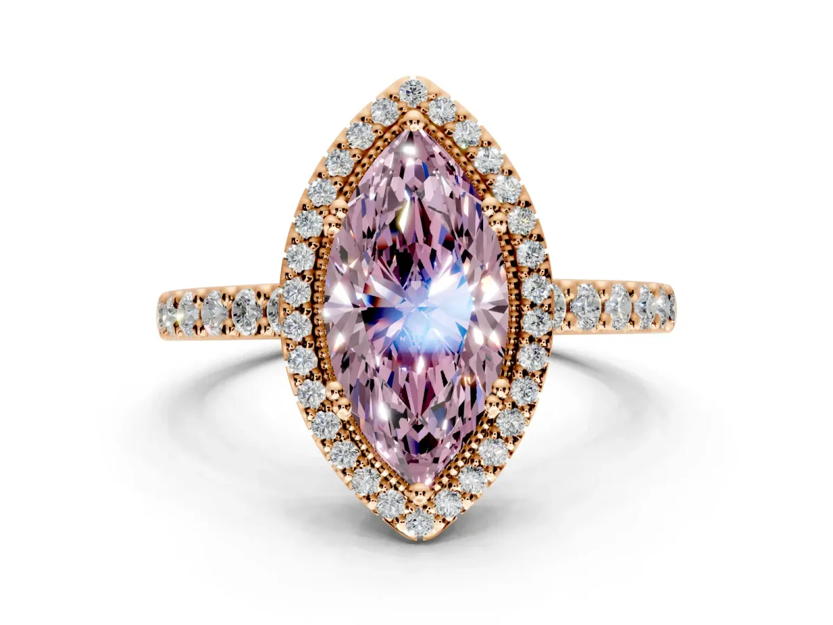 Halo Engagement Ring Setting for Fancy Pink Marquise Center with Inner Milgrain Border and Prong Head in Rose Gold