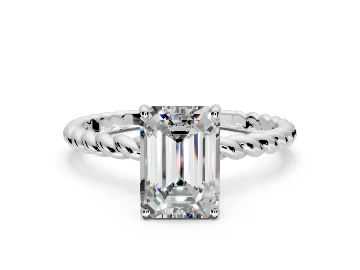 Solitaire Engagement Ring Setting for Emerald Cut Center with Plain Twisted Rope Band and Prong Head in Platinum
