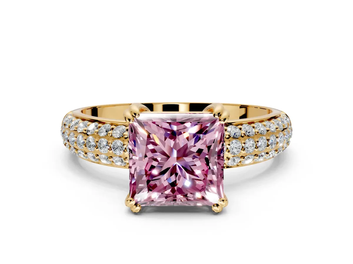 Solitaire Engagement Ring Setting for Fancy Pink Princess Cut Center with Multi-Row Pave Accents and Basket Head in Yellow Gold