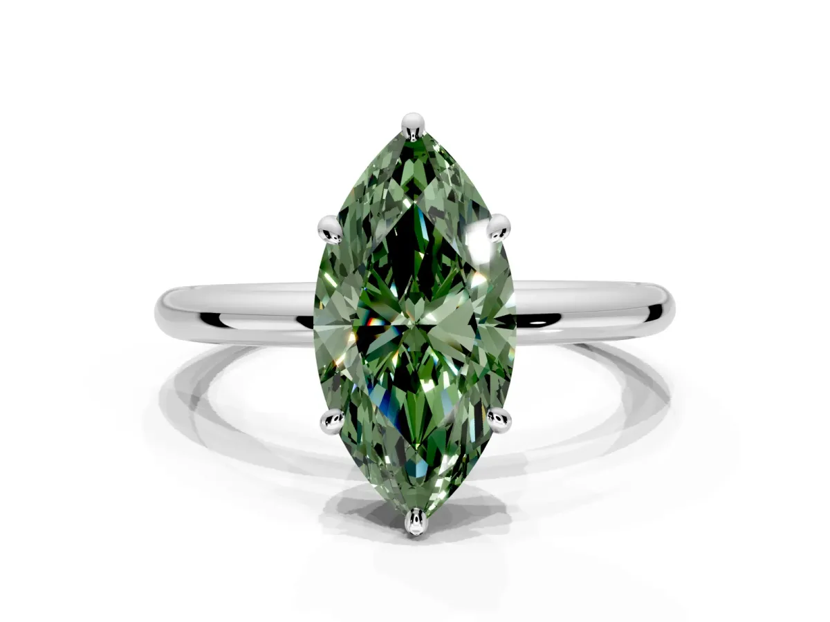 Low-Set Solitaire Engagement Ring Setting for Fancy Green Marquise Center with Thin Plain Band and Prong Head in Platinum