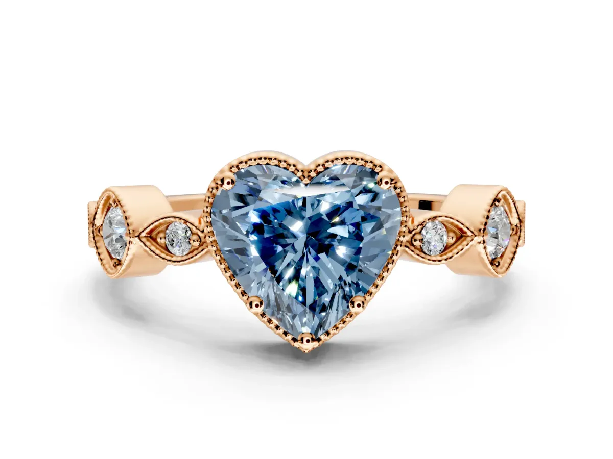 Vintage Station Engagement Ring Setting for Fancy Blue Heart-Shaped Center with Accents and Prong Head in Rose Gold