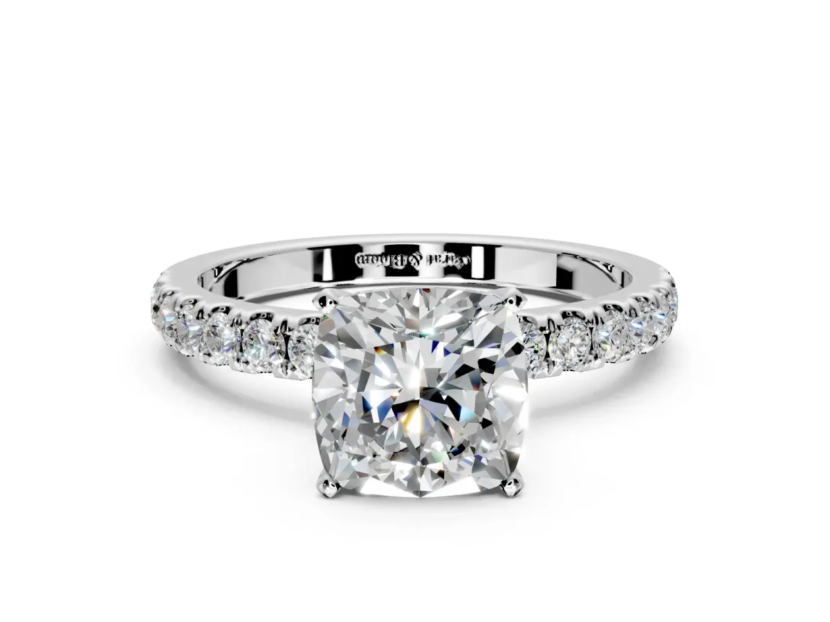 Open Basket Engagement Ring Setting for Cushion Cut Center with Pave Band and Prong Head in Platinum