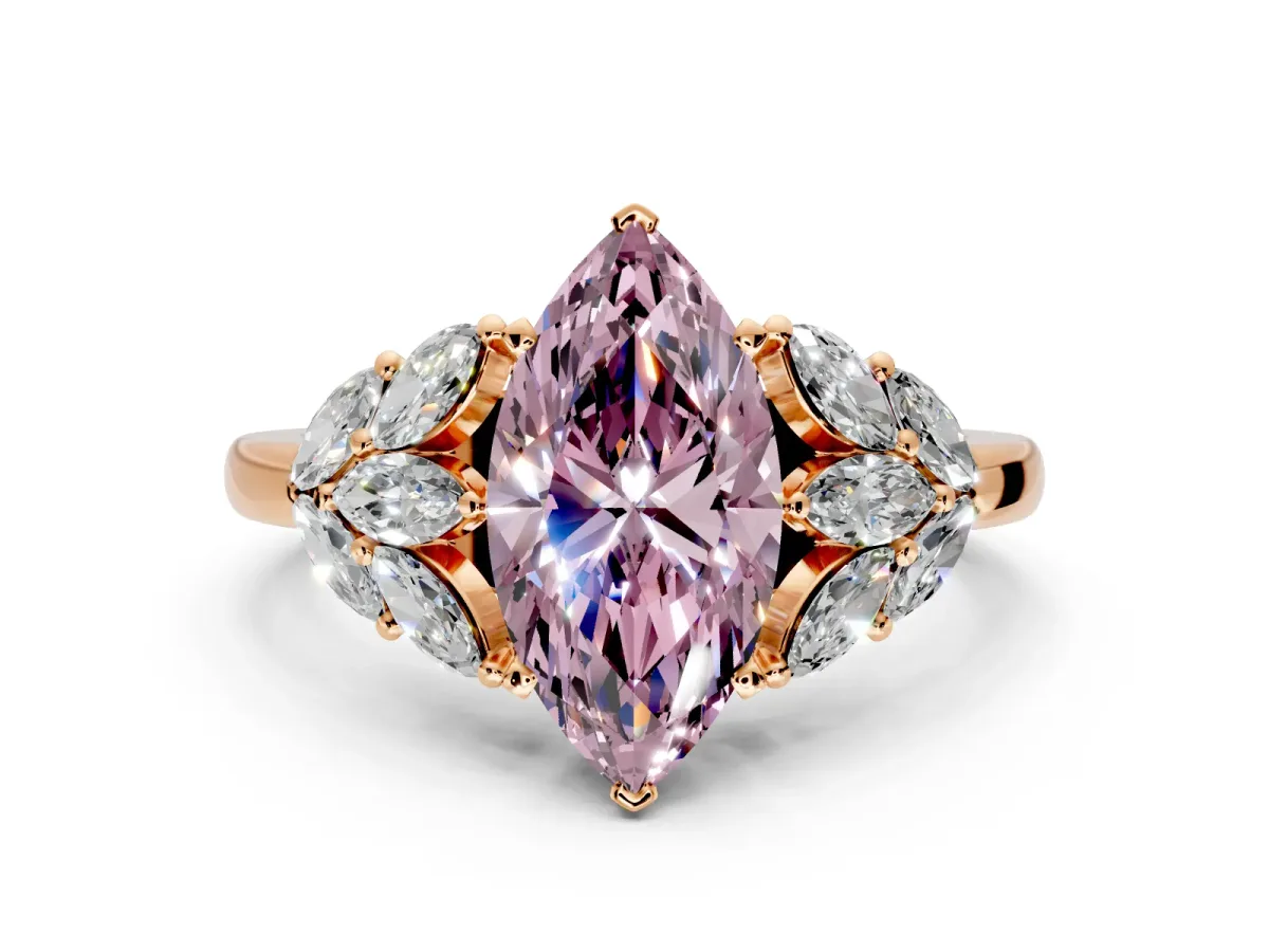 Leaf Cluster Engagement Ring Setting for Fancy Pink Marquise Center with Marquise Accents and Prong Head in Rose Gold