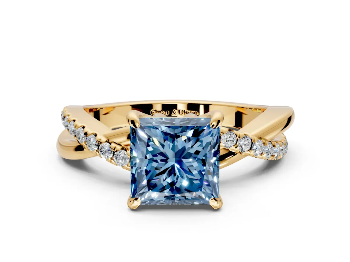 Solitaire Engagement Ring Setting for Fancy Blue Princess Cut Center with Half-Pave Crossover Band and Prong Head in Yellow Gold