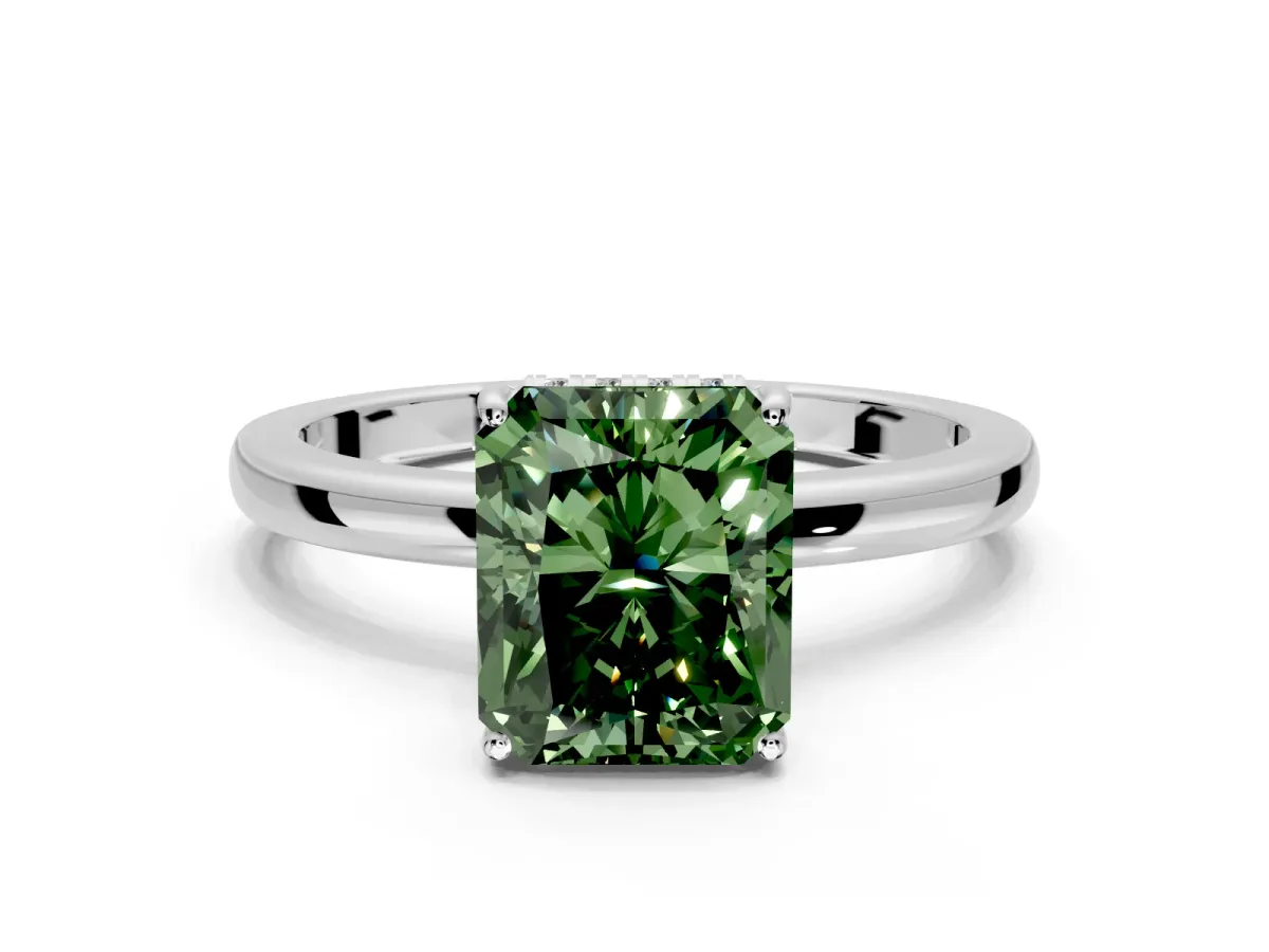 Solitaire Engagement Ring Setting for Fancy Green Radiant Cut Center with Fine Wire Band and Prong Head in Platinum