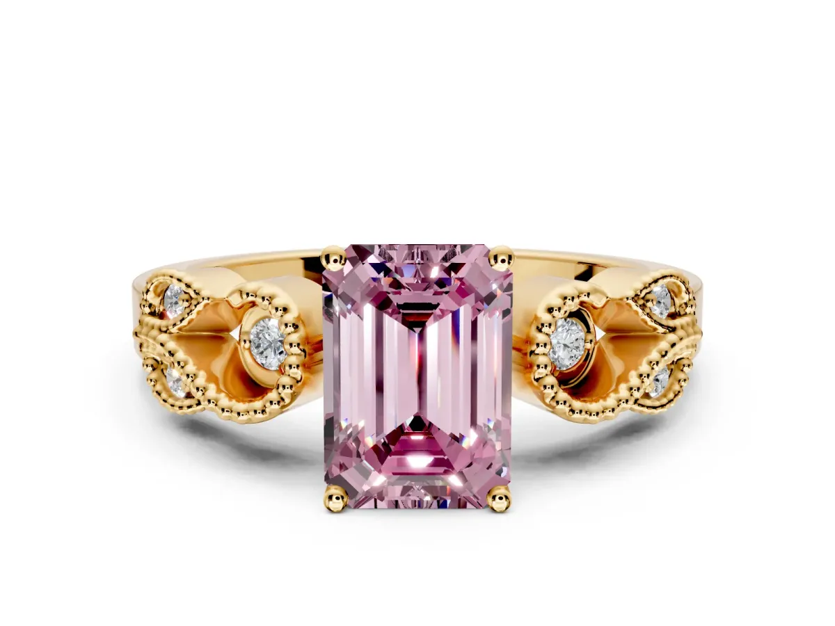 Leaf Engagement Ring Setting for Fancy Pink Emerald Cut Center with Milgrain Accent Band and Prong Head in Yellow Gold