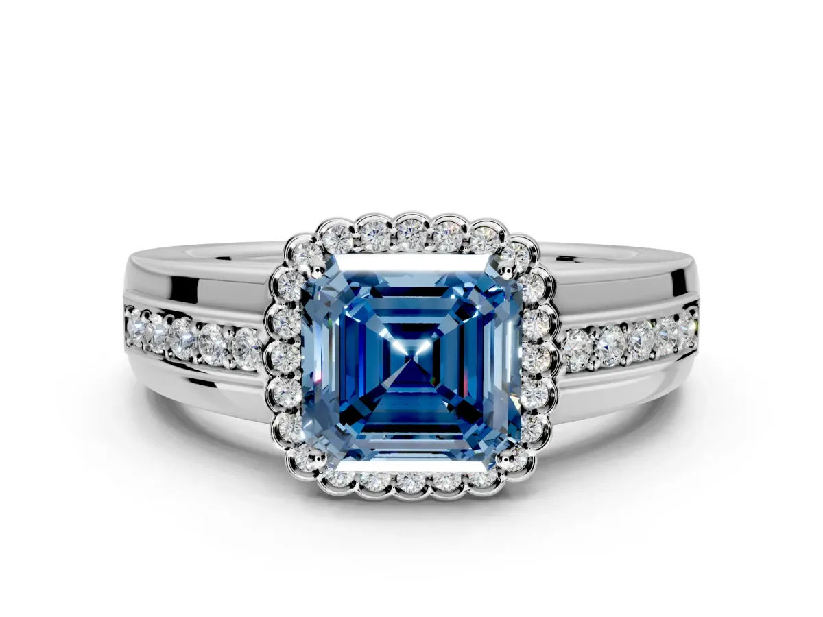 Halo Engagement Ring Setting for Fancy Blue Asscher Cut Center with Wide Band, Inlaid Accent Row and Prong Head in Sterling Silver