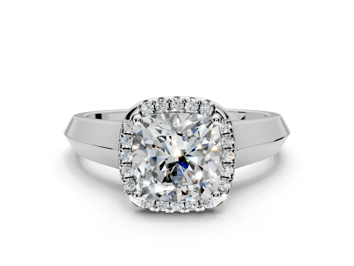 Halo Engagement Ring Setting for Cushion Cut Center with Knife Ridge Cathedral Band and Prong Head in Platinum