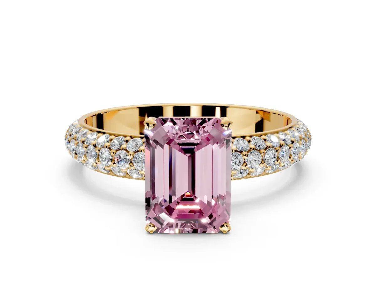 Solitaire Engagement Ring Setting for Fancy Pink Emerald Cut Center with Domed Multi-Row Pave Band and Prong Head in Yellow Gold