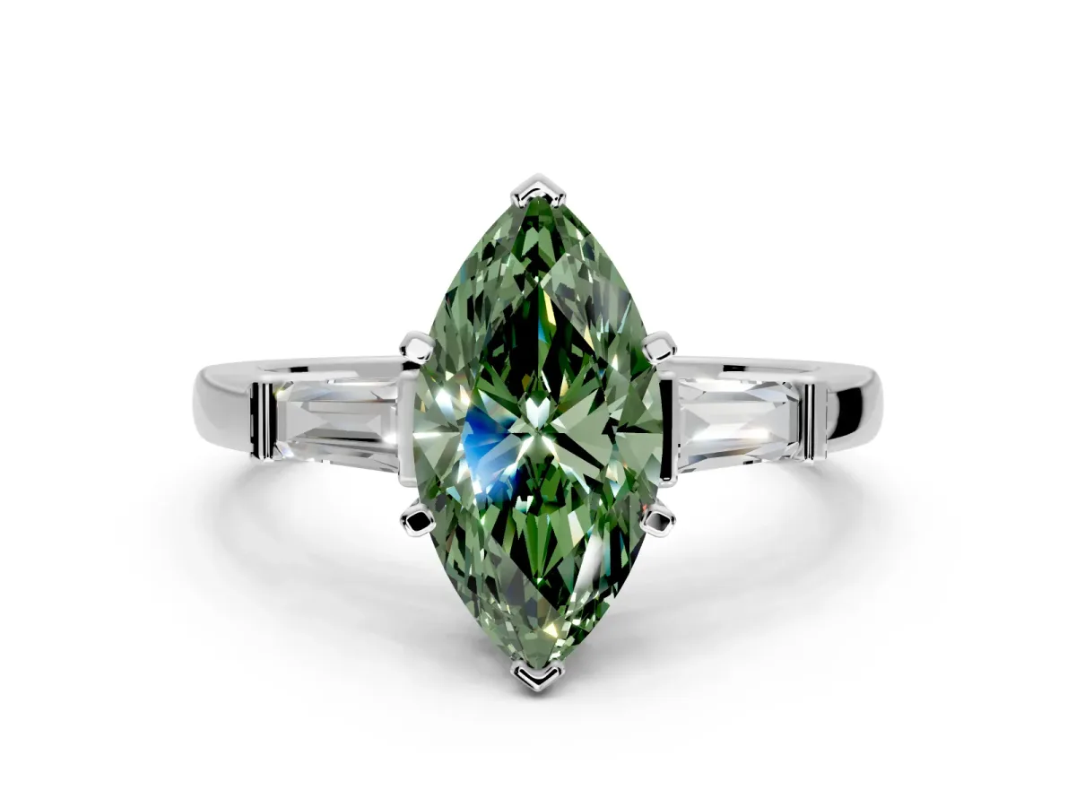 3 Stone Engagement Ring Setting for Fancy Green Marquise Center with Channel Baguette Accents and Prong Head in Platinum