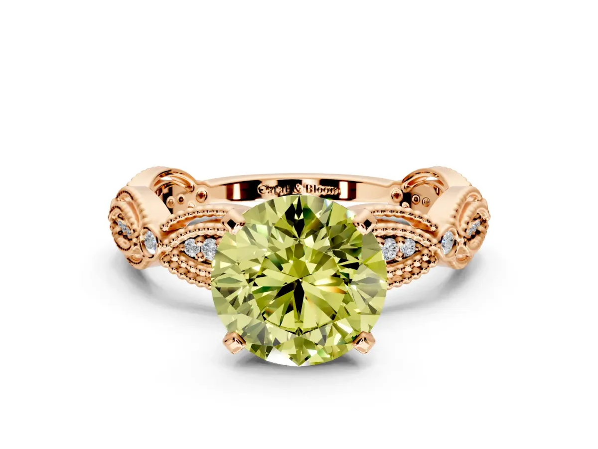Solitaire Engagement Ring Setting for Fancy Yellow Round Cut Center with Marquise Panel Band and Prong Head in Rose Gold