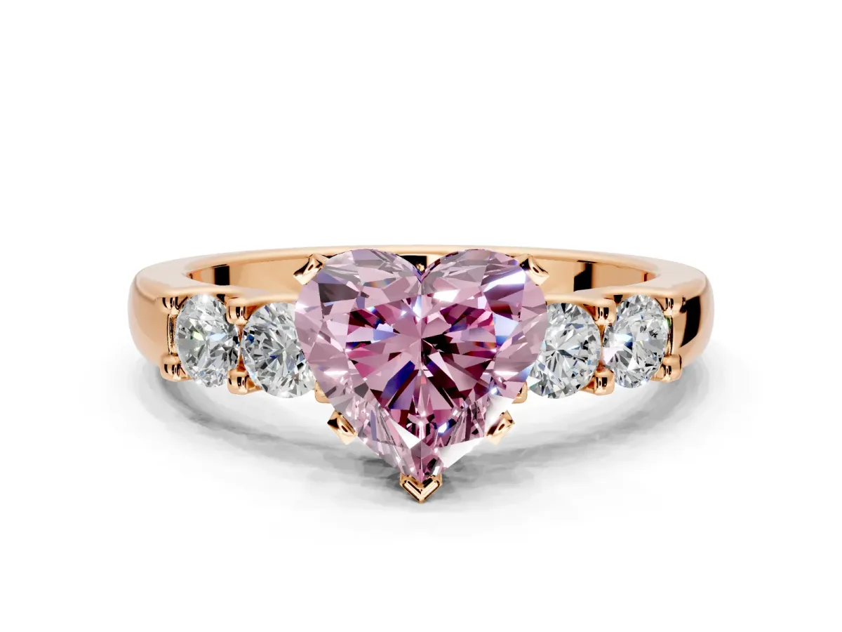 5 Stone Engagement Ring Setting for Fancy Pink Heart-Shaped Center with Plain Band and Prong Head in Rose Gold