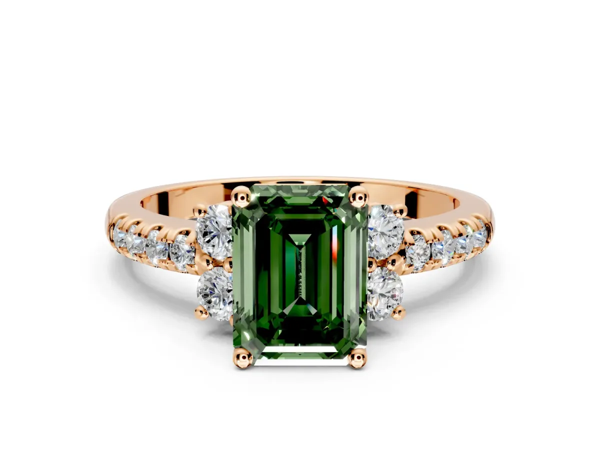Paired Accent Engagement Ring Setting for Fancy Green Emerald Cut Center with Pave Band and Prong Head in Rose Gold