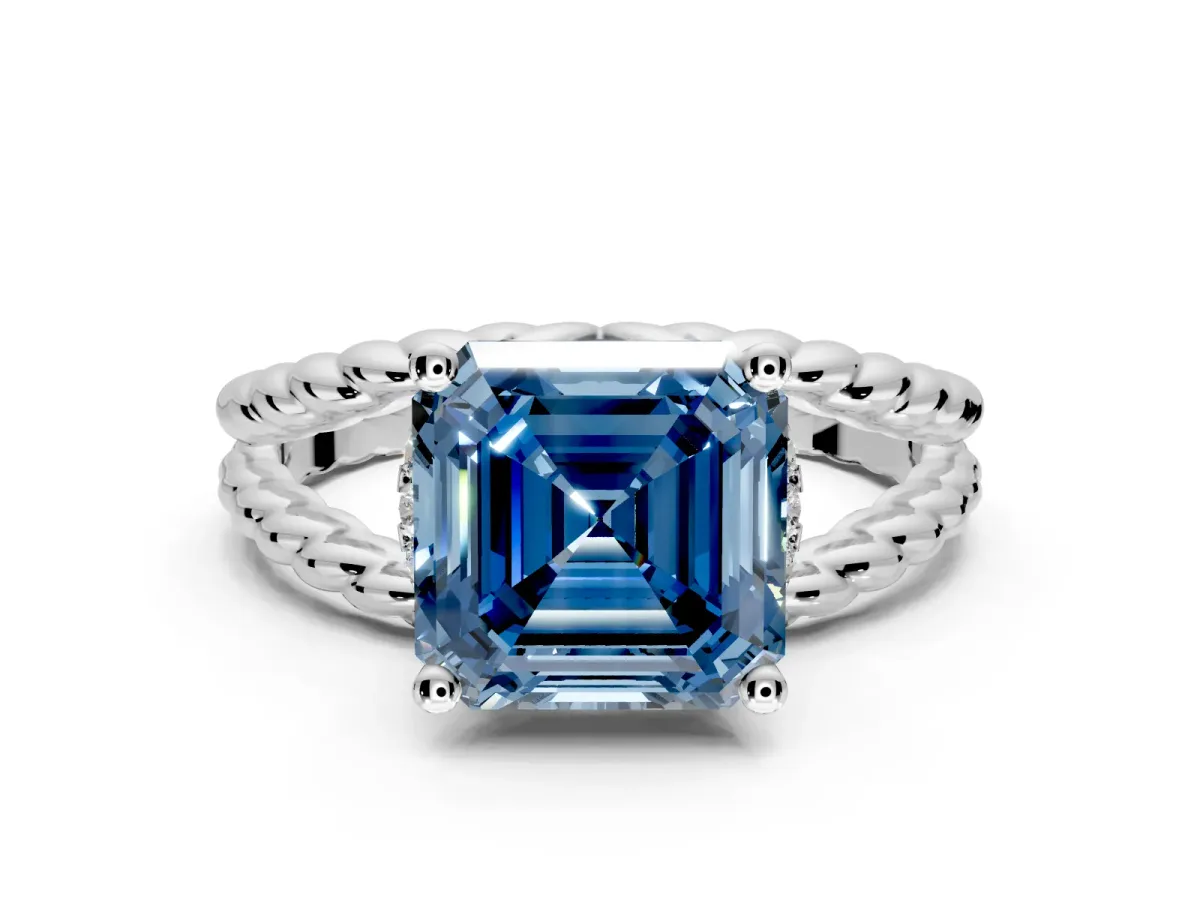 Halo Engagement Ring Setting for Fancy Blue Asscher Cut Center with Rope Twist Split Shank and Prong Head in Platinum