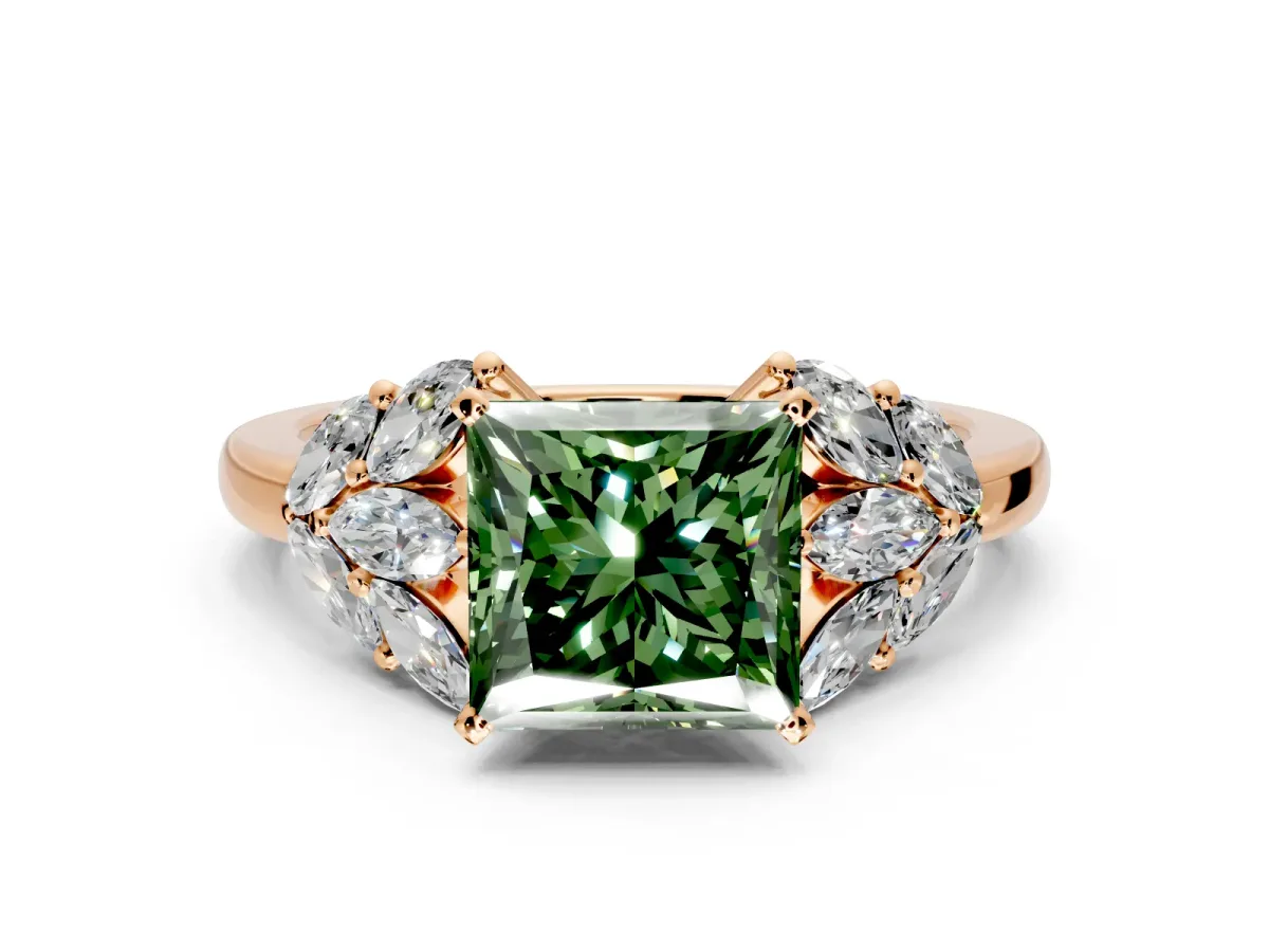 Leaf Cluster Engagement Ring Setting for Fancy Green Princess Cut Center with Marquise Accents and Prong Head in Rose Gold