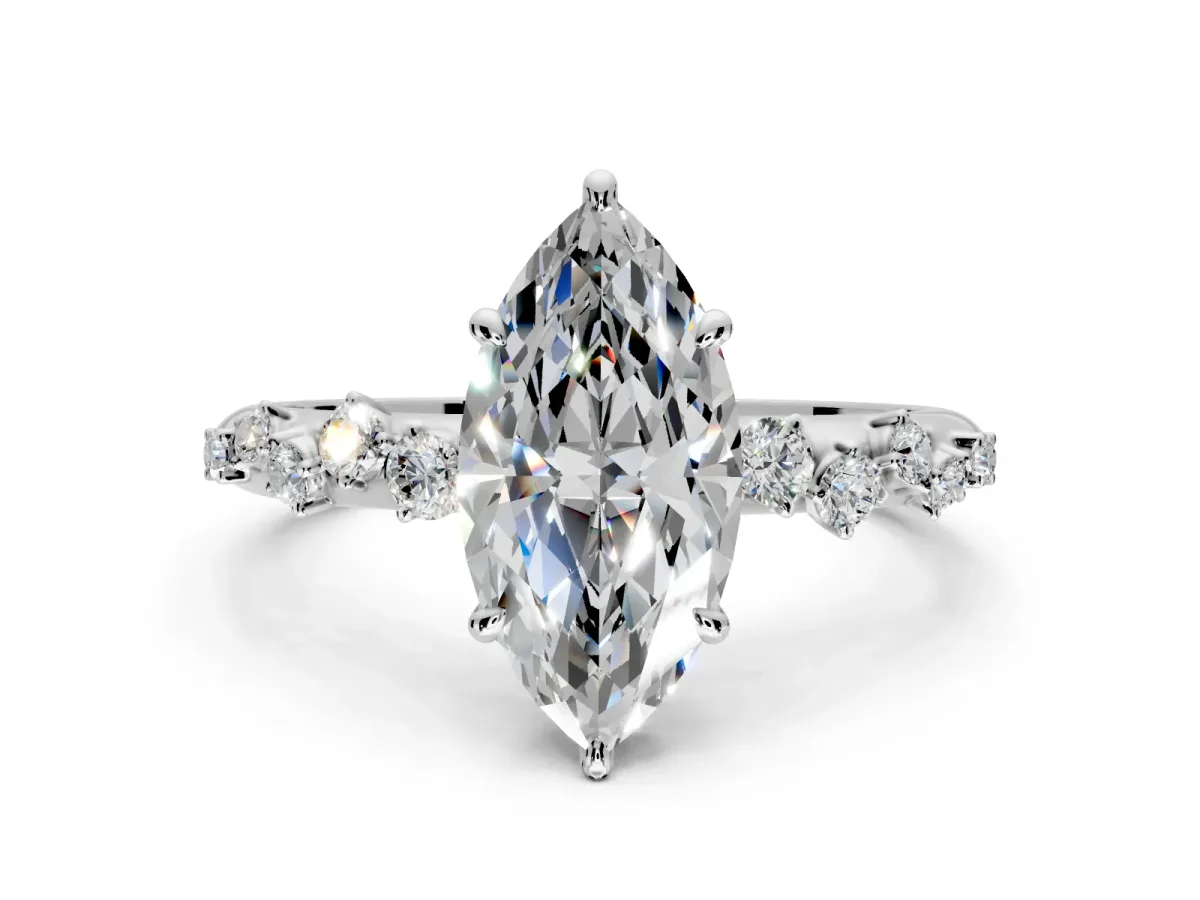 Cluster Engagement Ring Setting for Marquise Center with Round Cut Accent Band and Prong Head in Platinum
