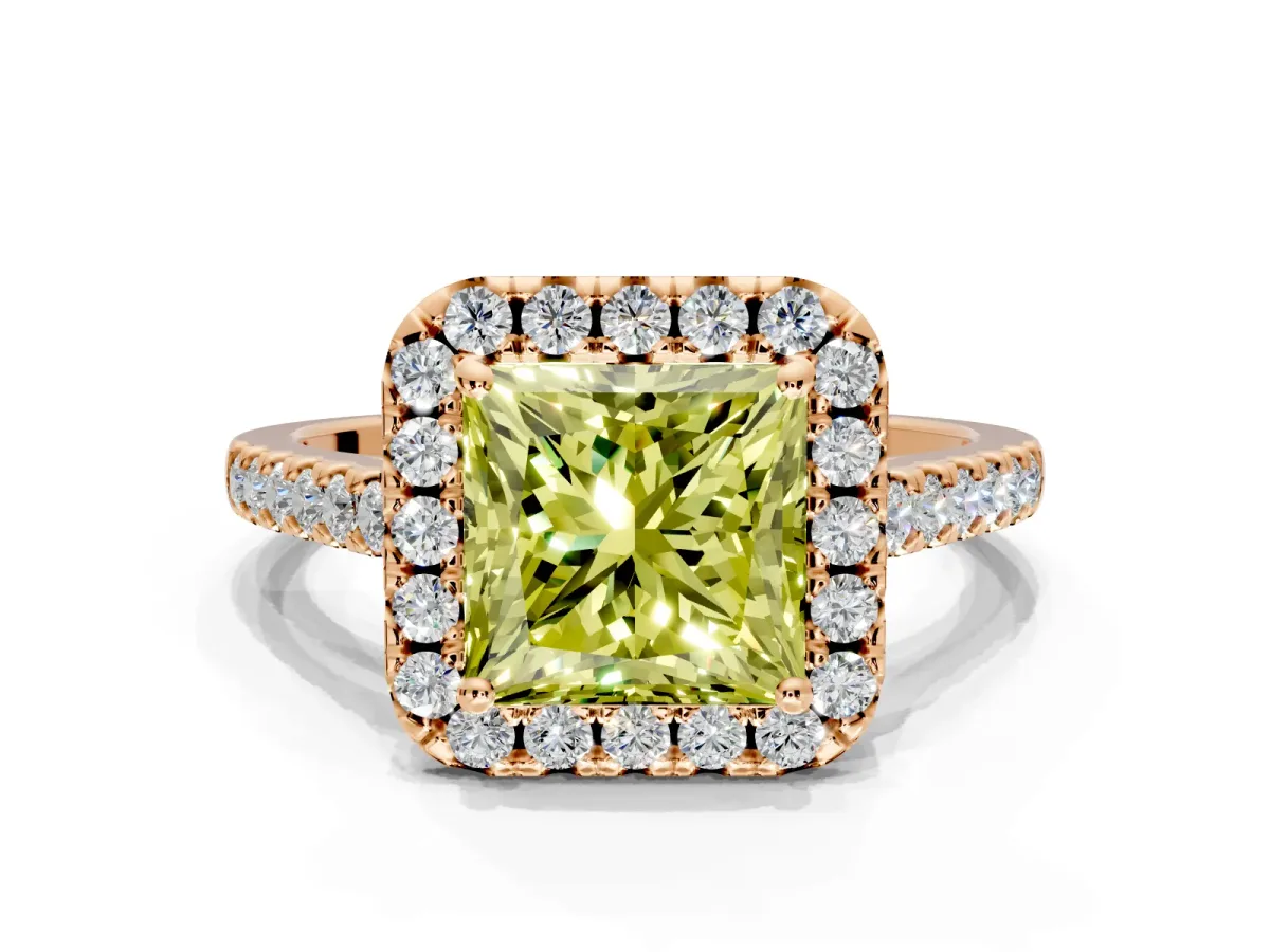 Halo Engagement Ring Setting for Fancy Yellow Princess Cut Center with Raised Halo, Pave Band and Prong Head in Rose Gold