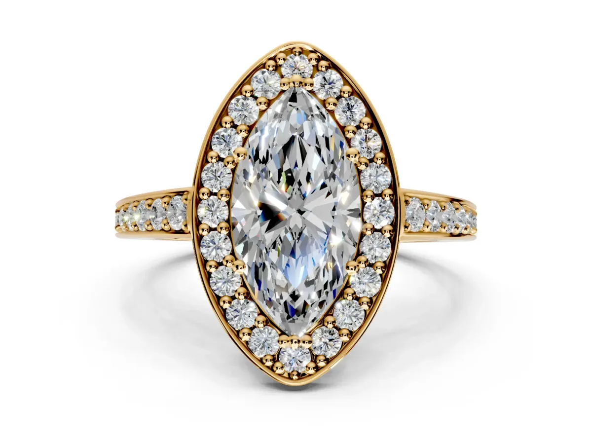 Bezel-Framed Halo Engagement Ring Setting for Marquise Center with Pave Band and Prong Head in Yellow Gold