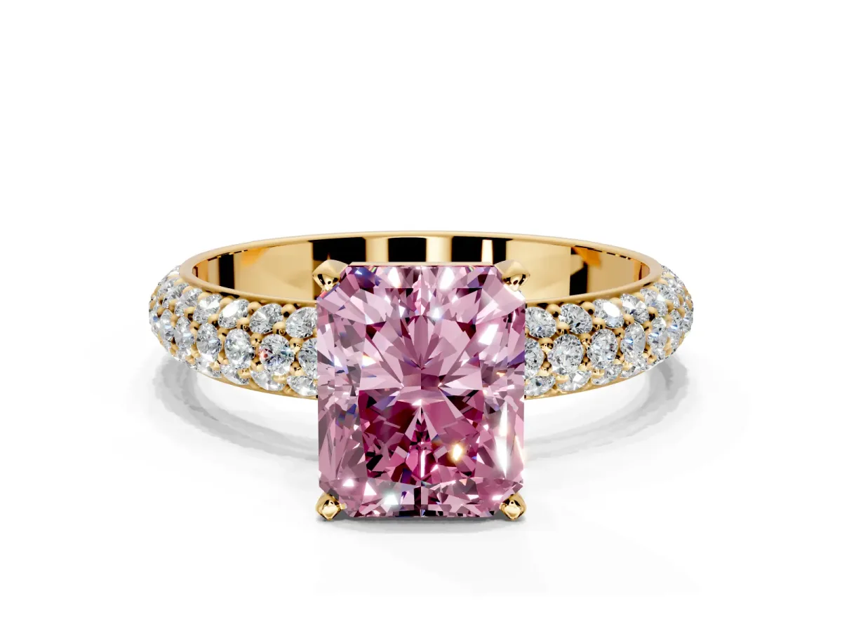Solitaire Engagement Ring Setting for Fancy Pink Radiant Cut Center with Domed Multi-Row Pave Band and Prong Head in Yellow Gold