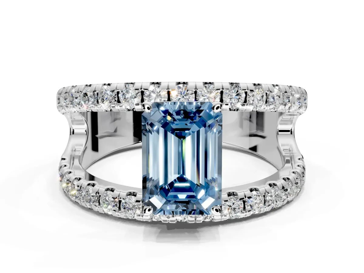 Solitaire Engagement Ring Setting for Fancy Blue Emerald Cut Center with Wide-Open Split Shank and Prong Head in Platinum