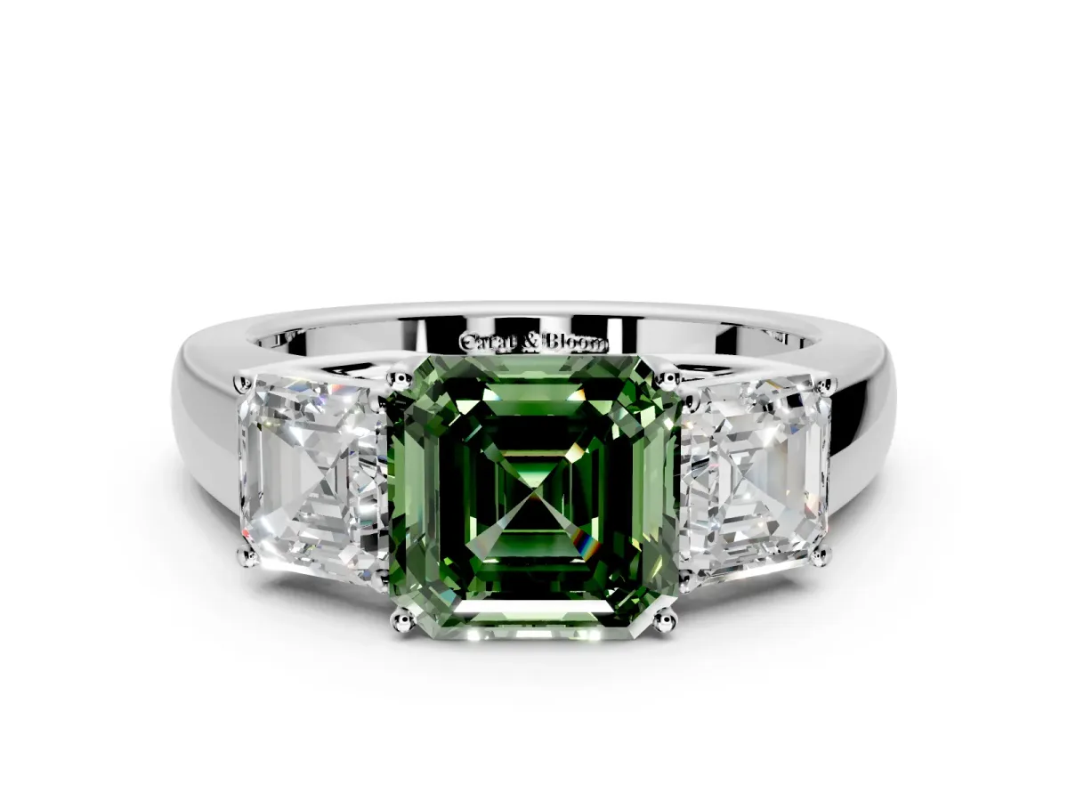 3 Stone Engagement Ring Setting for Fancy Green Asscher Cut Center with Raised Basket Heads and Prong Head in White Gold