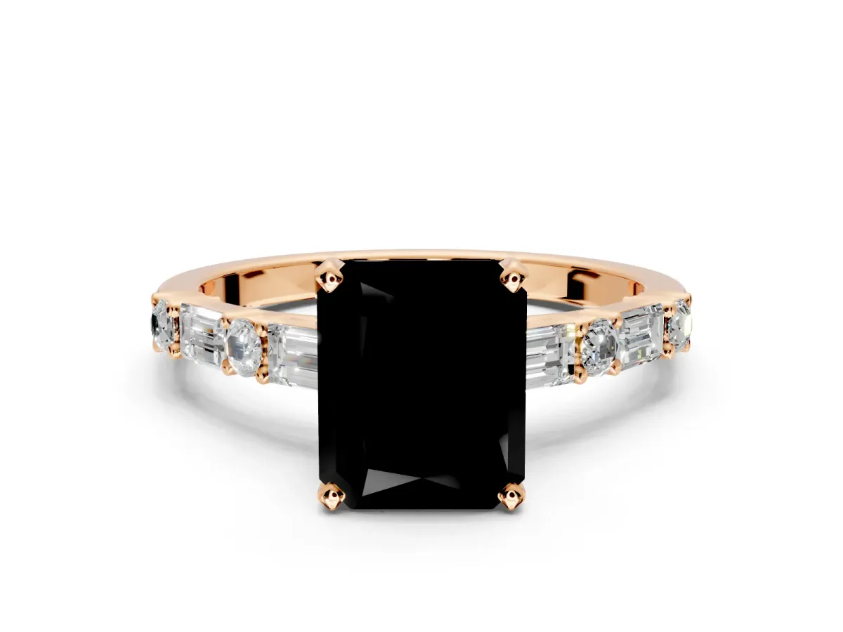Baguette Engagement Ring Setting for Fancy Black Radiant Cut Center with Alternating Bar-Set Band and Prong Head in Rose Gold