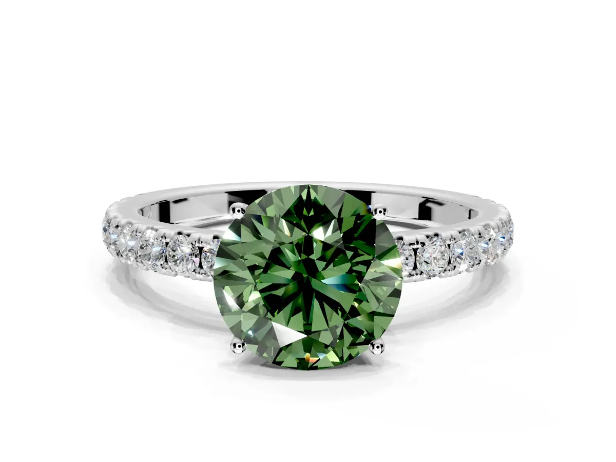 Solitaire Engagement Ring Setting for Fancy Green Round Cut Center with Large Accent Band and Prong Head in Sterling Silver