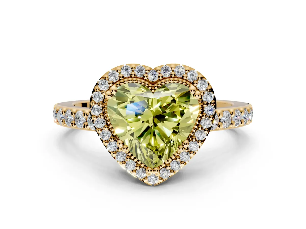 Halo Engagement Ring Setting for Fancy Yellow Heart-Shaped Center with Inner Milgrain Border and Prong Head in Yellow Gold