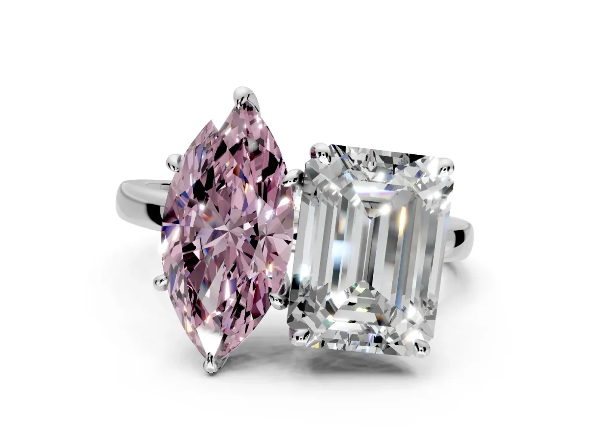 Fancy Pink Marquise and Emerald Cut Lab-Grown Diamond Toi et Moi Engagement Ring with Prong-Set Stones in Platinum