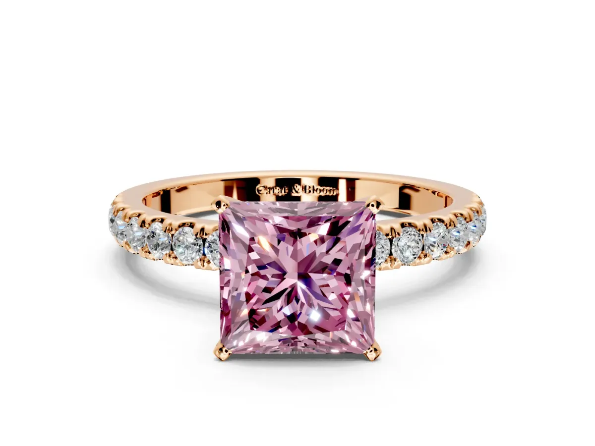 Open Basket Engagement Ring Setting for Fancy Pink Princess Cut Center with Pave Band and Prong Head in Rose Gold