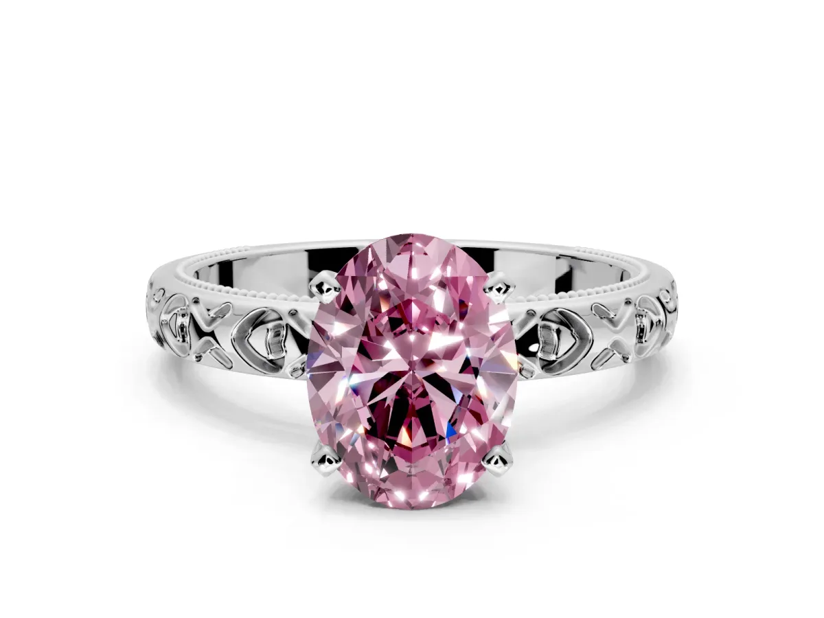 Solitaire Engagement Ring Setting for Fancy Pink Oval Center with XO Engraved Band and Prong Head in Platinum