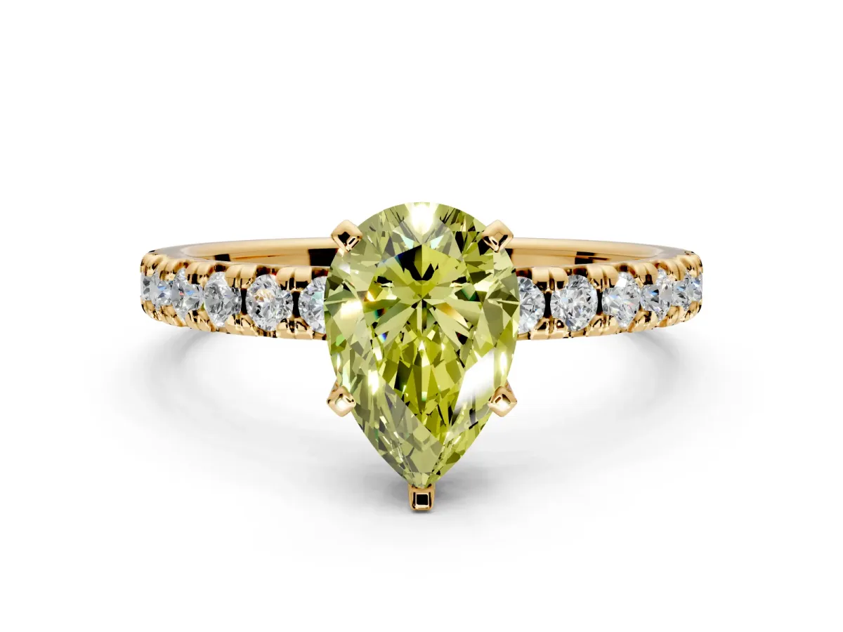 Solitaire Engagement Ring Setting for Fancy Yellow Pear-Shaped Center with Large Accents and Prong Head in Yellow Gold