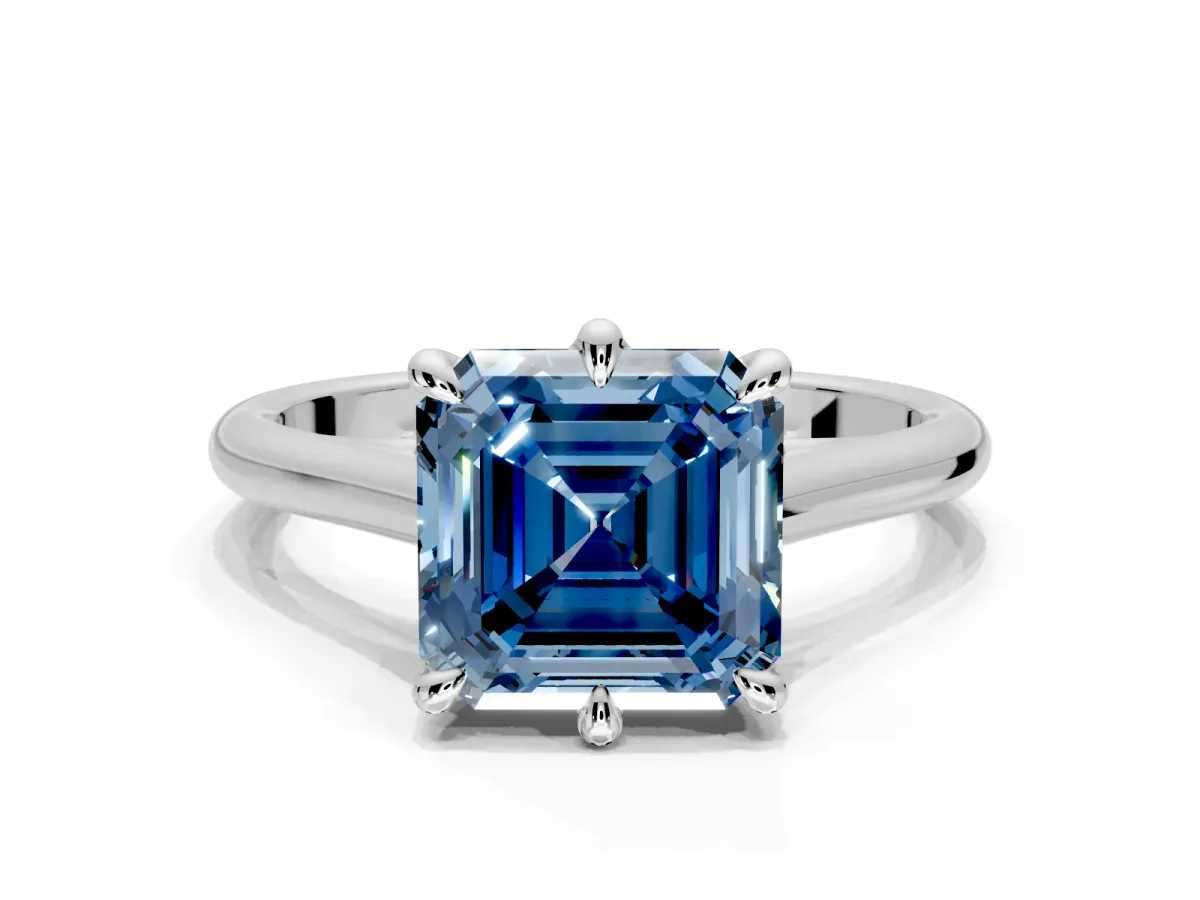 Solitaire Engagement Ring Setting for Fancy Blue Asscher Cut Center with Cathedral Band and Prong Head in Sterling Silver