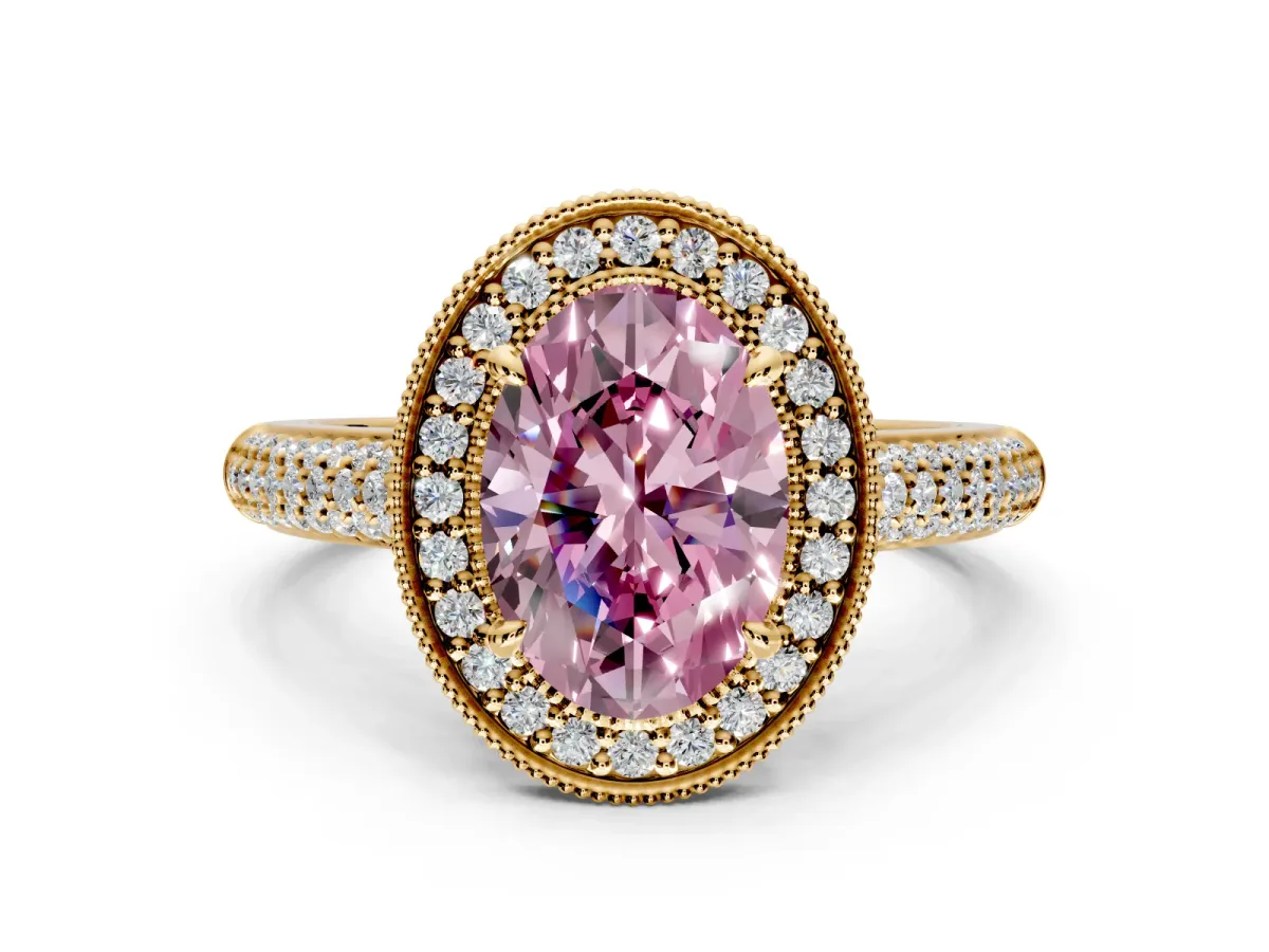 Milgrain Halo Engagement Ring Setting for Fancy Pink Oval Center with Three-Sided Pave Band and Prong Head in Yellow Gold