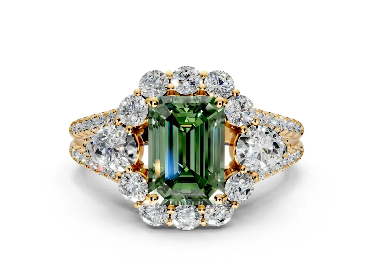 Halo Engagement Ring Setting for Fancy Green Emerald Cut Center with Two-Strand Split Shank and Prong Head in Yellow Gold