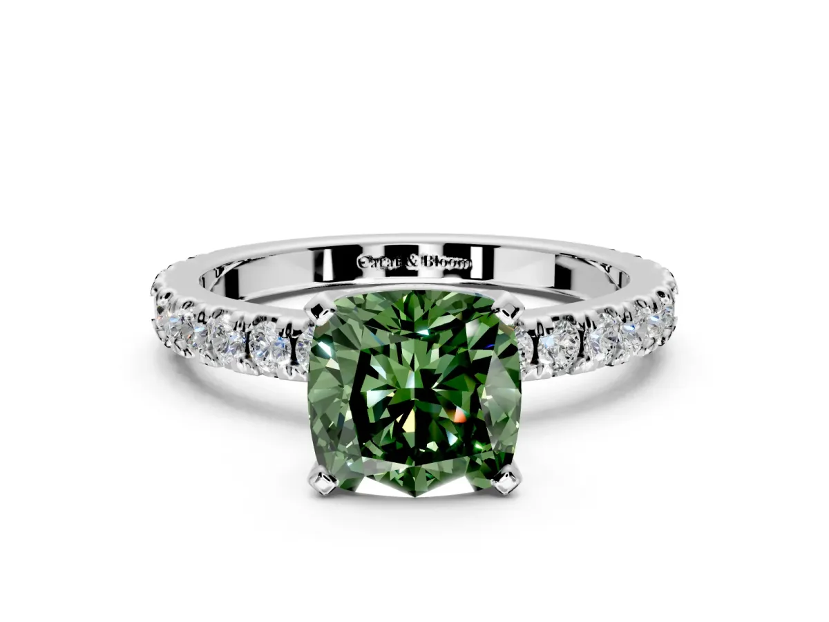 Solitaire Engagement Ring Setting for Fancy Green Cushion Cut Center with Fine Pave Band and Claw Prong Head in Platinum