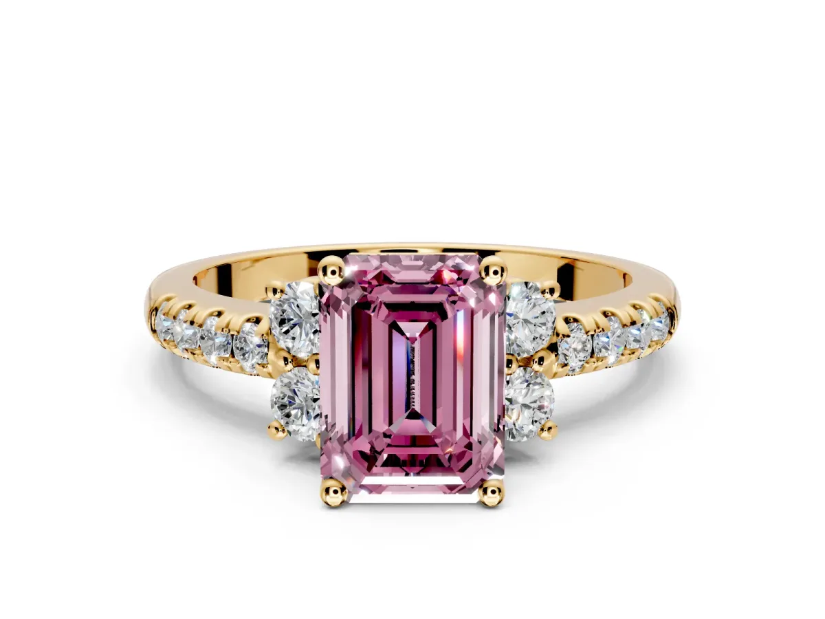 Paired Accent Engagement Ring Setting for Fancy Pink Emerald Cut Center with Pave Band and Prong Head in Yellow Gold