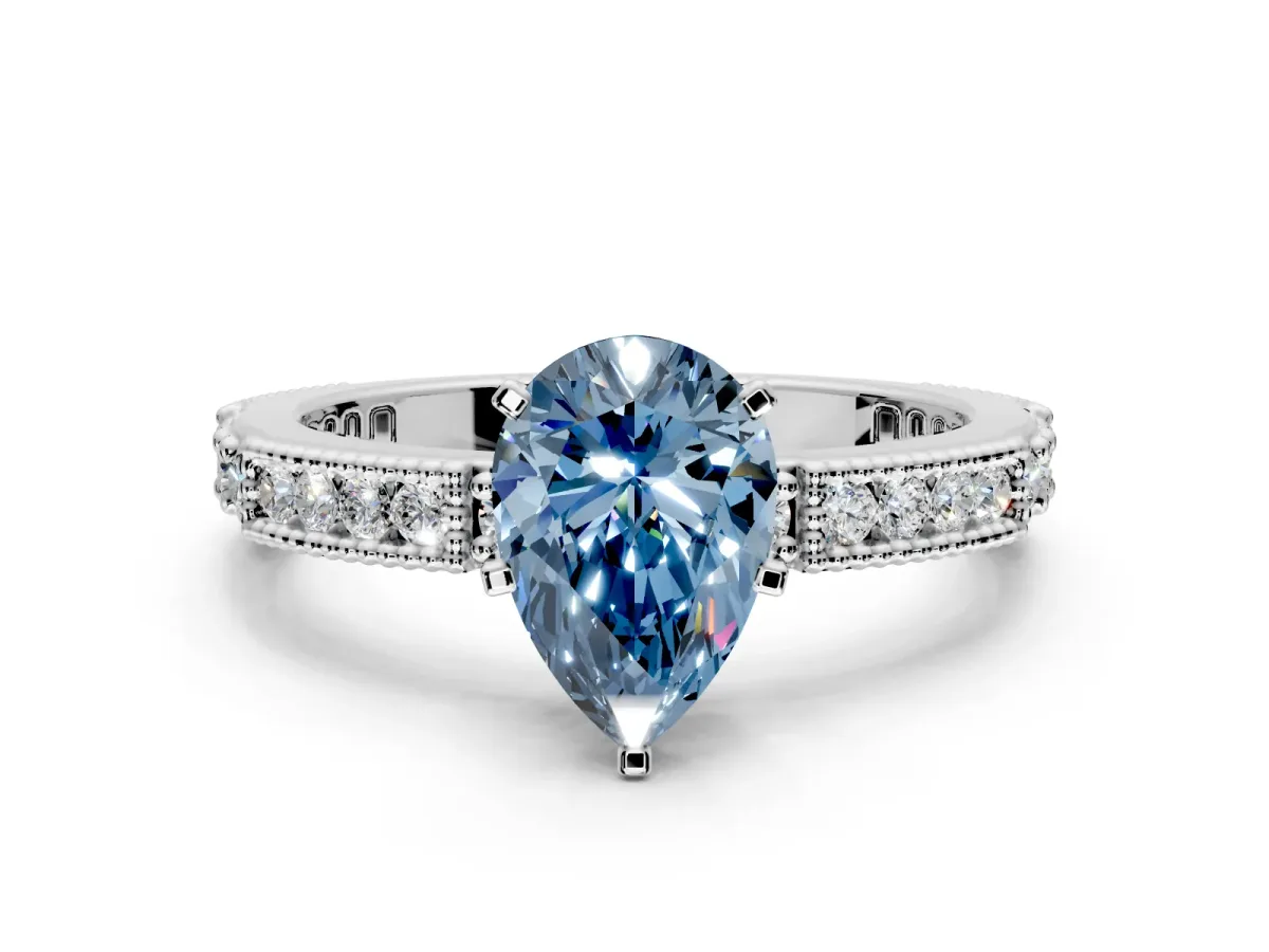 Solitaire Engagement Ring Setting for Fancy Blue Pear-Shaped Center with Milgrain-Edged Pave Band and Prong Head in White Gold