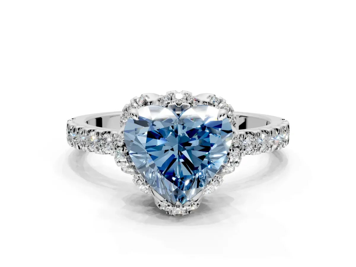 Halo Engagement Ring Setting for Fancy Blue Heart-Shaped Center with Openwork Halo, Pave Band and Prong Head in Platinum