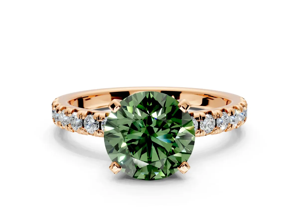 Solitaire Engagement Ring Setting for Fancy Green Round Cut Center with Large Accents and Prong Head in Rose Gold
