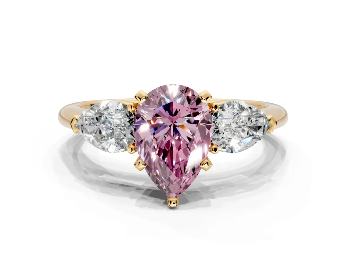 3 Stone Engagement Ring Setting for Fancy Pink Pear-Shaped Center with Large Pear-Shaped Accents and Prong Head in Yellow Gold