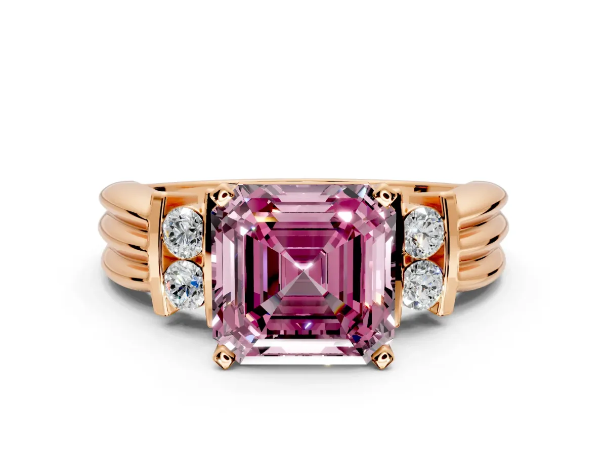 Solitaire Engagement Ring Setting for Fancy Pink Asscher Cut Center with Grooved Bar Accent Band and Prong Head in Rose Gold