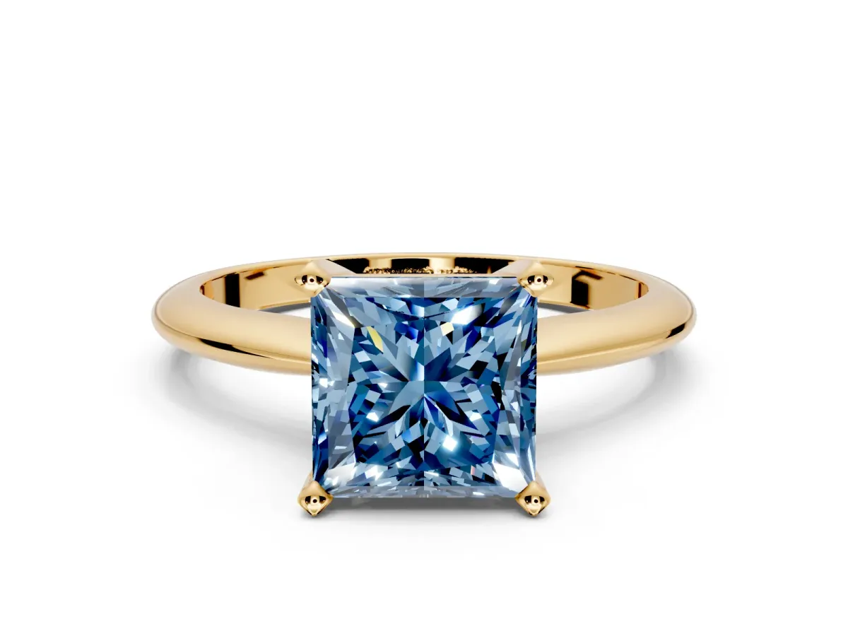 Solitaire Engagement Ring Setting for Fancy Blue Princess Cut Center with Knife Ridge Band and Claw Prong Head in Yellow Gold