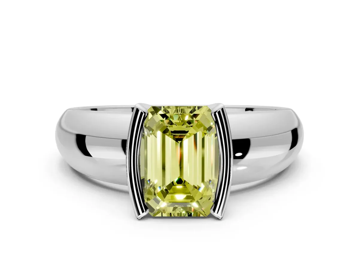 Tension Engagement Ring Setting for Fancy Yellow Emerald Cut Center with Wide Flat Band and Tension Head in Platinum