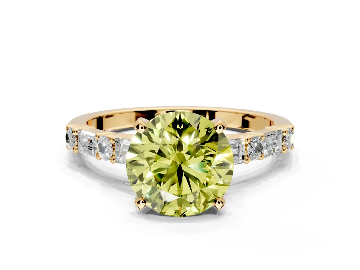 Baguette Engagement Ring Setting for Fancy Yellow Round Cut Center with Alternating Bar-Set Band and Prong Head in Yellow Gold