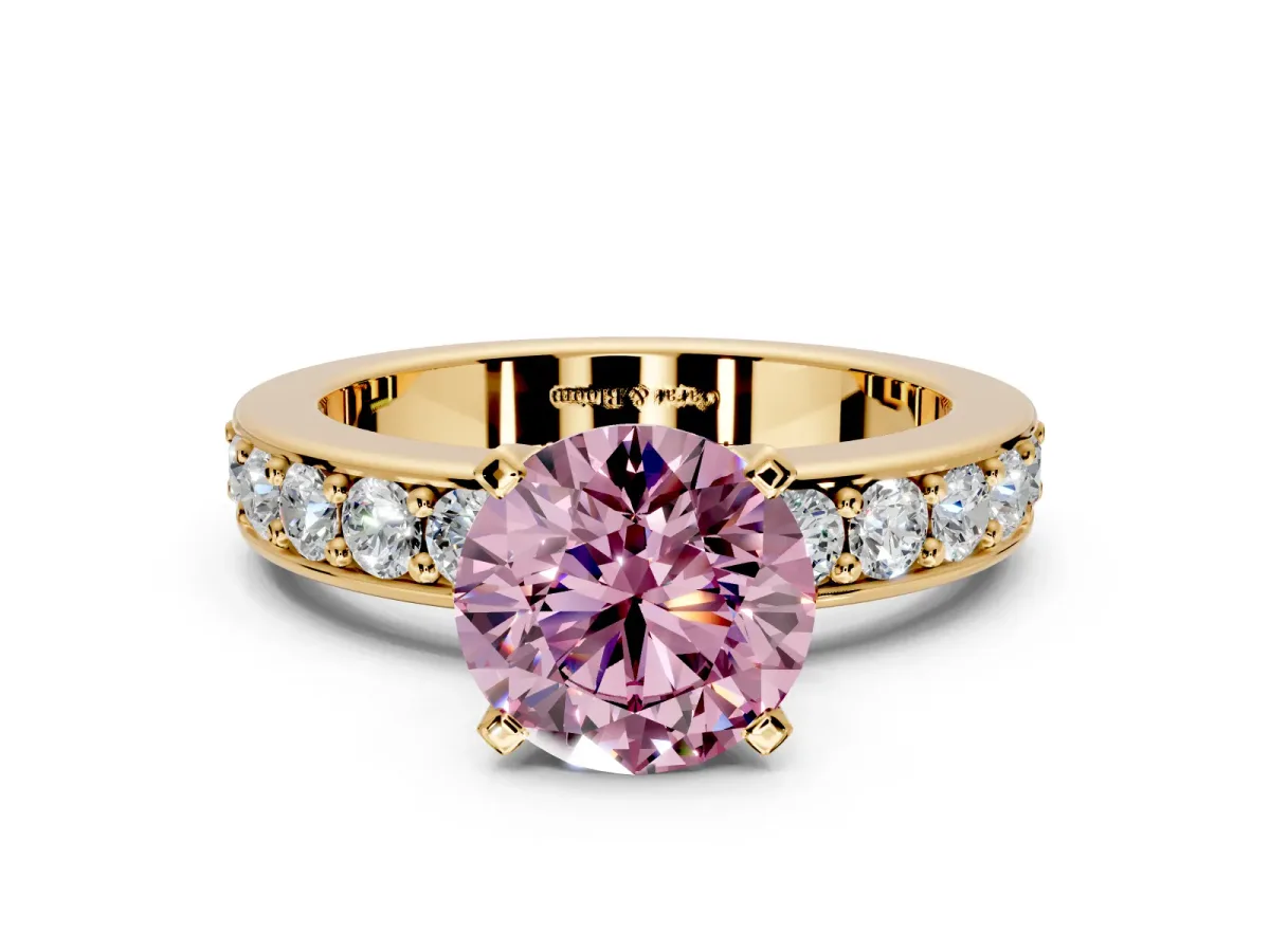Solitaire Engagement Ring Setting for Fancy Pink Round Cut Center with Channel-Set Accents and Prong Head in Yellow Gold