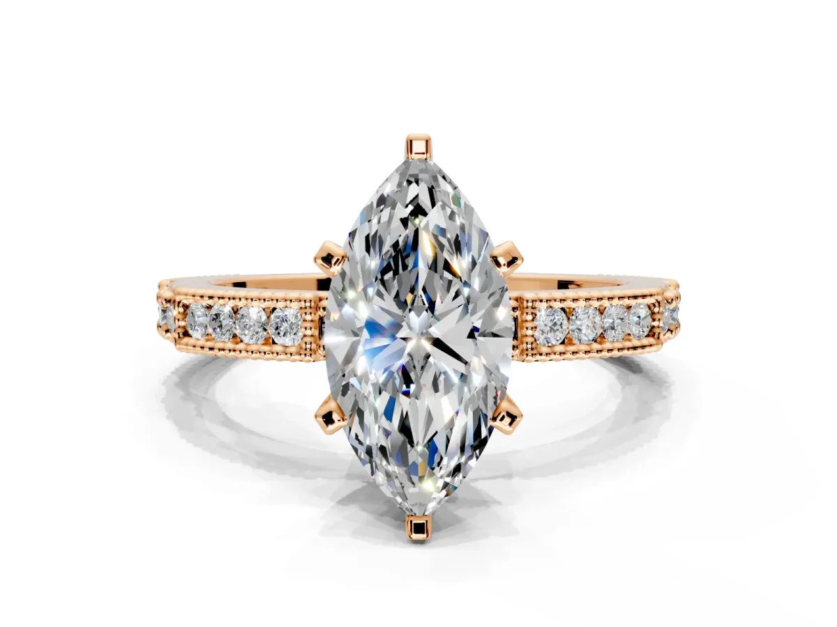 Solitaire Engagement Ring Setting for Marquise Center with Milgrain-Edged Pave Band and Prong Head in Rose Gold
